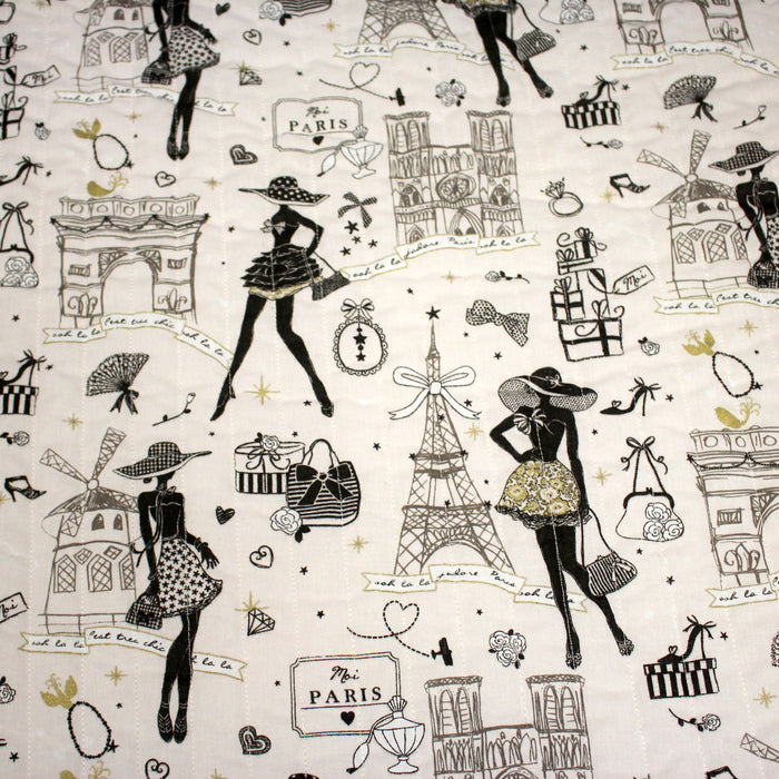 Tissu matelassé coton MOI PARIS, illustrations Paris et la Parisienne noir & blanc