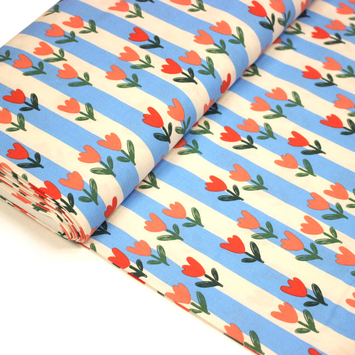 Tissu cotonnade Rayures blanc cassé et bleues aux tulipes roses et rouges - OEKO-TEX STANDARD 100