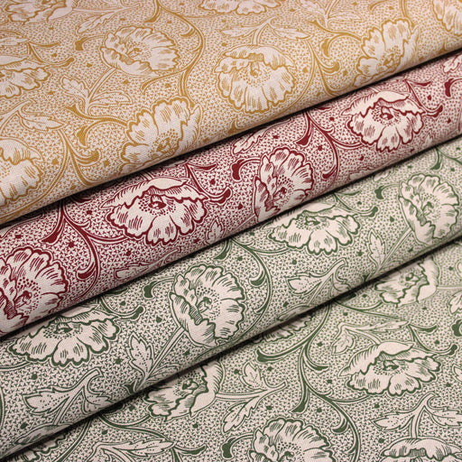 Tissu ART NOUVEAU demi natté motif floral, fond lin : bordeaux, vert anglais, ocre - TissusPapi.com