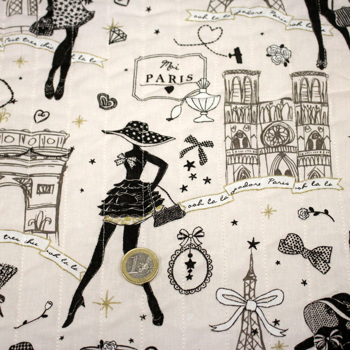 Tissu matelassé coton MOI PARIS, illustrations Paris et la Parisienne noir & blanc