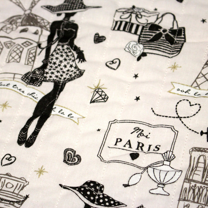 Tissu matelassé coton MOI PARIS, illustrations Paris et la Parisienne noir & blanc