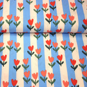 Tissu cotonnade Rayures blanc cassé et bleues aux tulipes roses et rouges - OEKO - TEX STANDARD 100 - TissusPapi.com