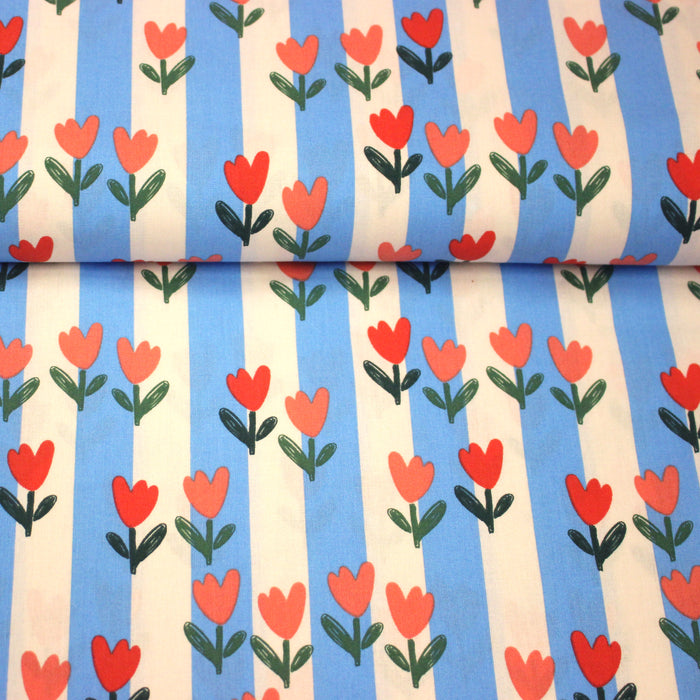 Tissu cotonnade Rayures blanc cassé et bleues aux tulipes roses et rouges - OEKO-TEX STANDARD 100