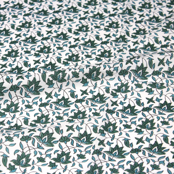 Tissu cotonnade aux fleurs vertes et feuilles  bleues - COLLECTION KALAMKARI