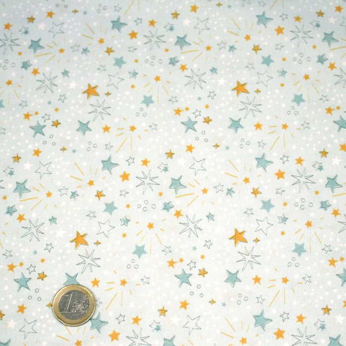 Tissu cotonnade bleu ciel aux fines étoiles jaunes et bleues - OEKO-TEX STANDARD 100
