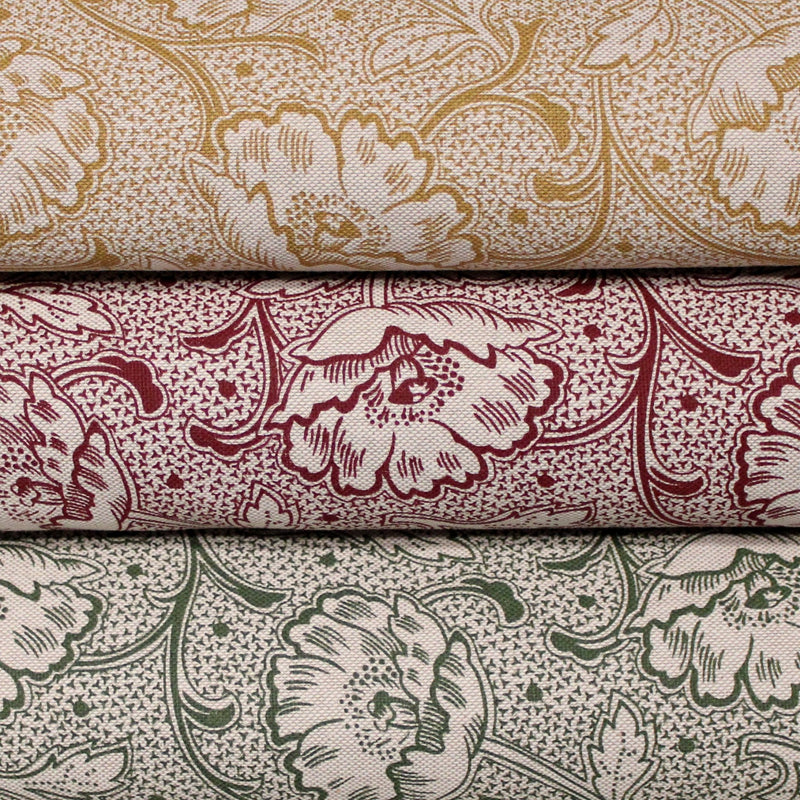 Tissu ART NOUVEAU demi natté motif floral, fond lin : bordeaux, vert anglais, ocre - TissusPapi.com