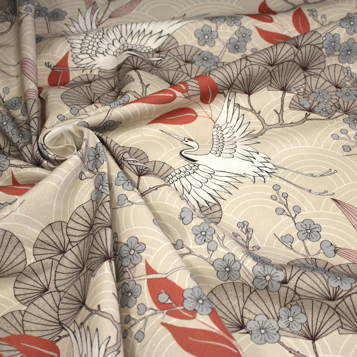 Tissu coton demi-natté GRUES JAPONAISES, trois teintes : écru, rose, ocre - OEKO-TEX STANDARD 100