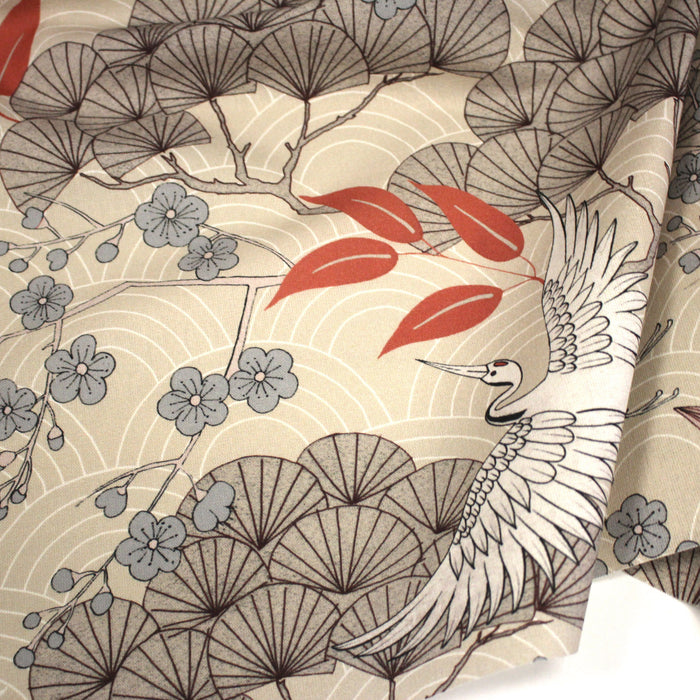 Tissu coton demi-natté GRUES JAPONAISES, trois teintes : écru, rose, ocre - OEKO-TEX STANDARD 100
