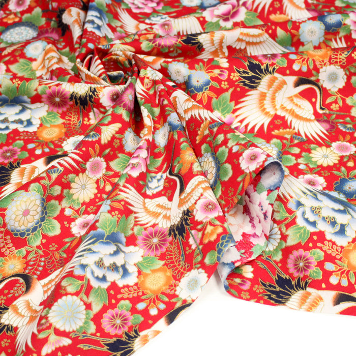 Tissu cotonnade rouge motifs japonais traditionnels : fleurs, chrysanthèmes et hérons - COLLECTION JAPON DORÉ