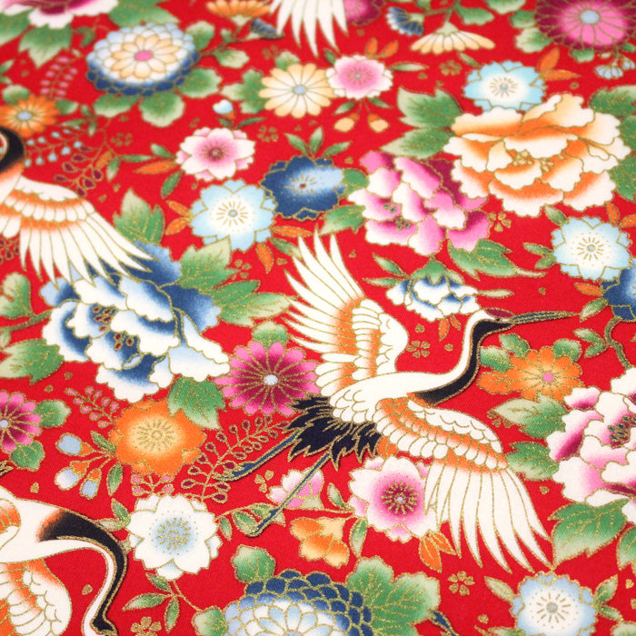 Tissu cotonnade rouge motifs japonais traditionnels : fleurs, chrysanthèmes et hérons - COLLECTION JAPON DORÉ