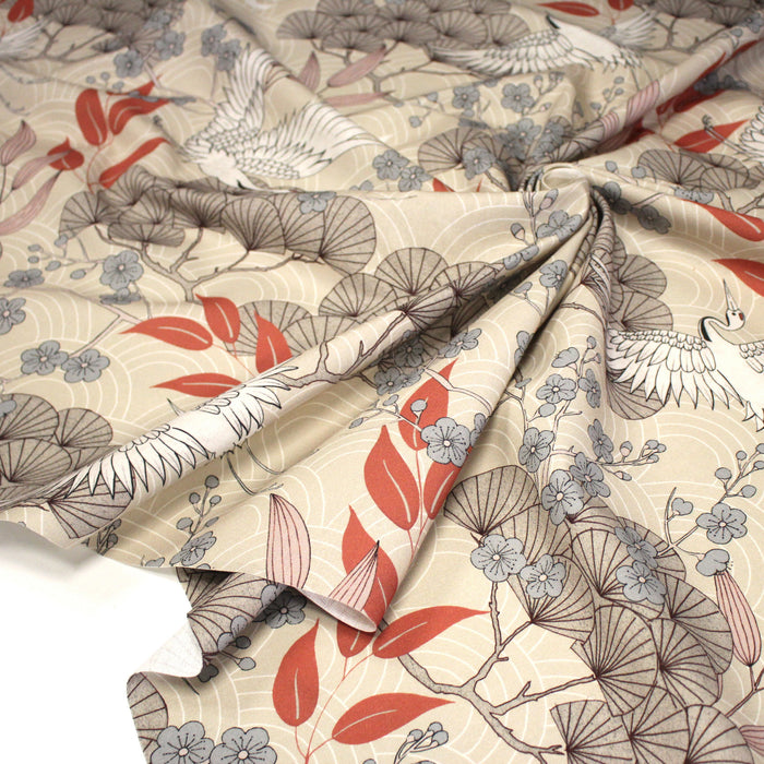 Tissu coton demi-natté GRUES JAPONAISES, trois teintes : écru, rose, ocre - OEKO-TEX STANDARD 100