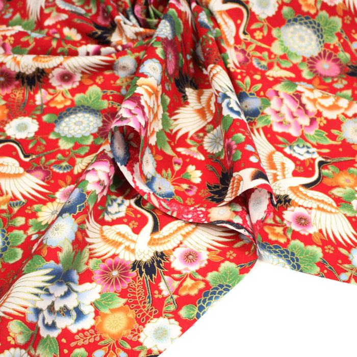 Tissu cotonnade rouge motifs japonais traditionnels : fleurs, chrysanthèmes et hérons - COLLECTION JAPON DORÉ