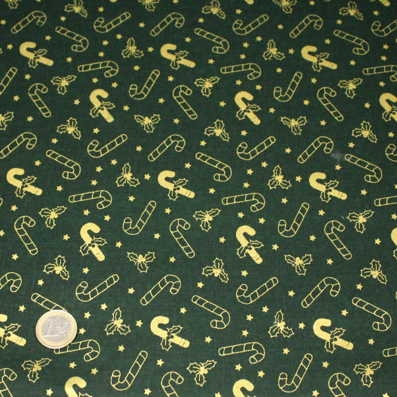 Tissu coton NOËL vert aux sucres d'orge et houx dorés - OEKO - TEX - TissusPapi.com