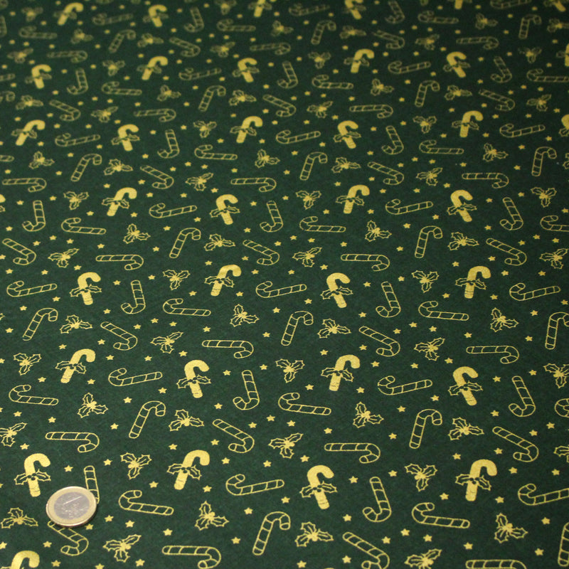 Tissu coton NOËL vert aux sucres d'orge et houx dorés - OEKO - TEX - TissusPapi.com