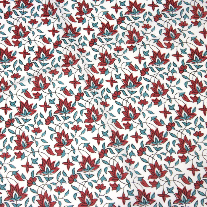 Tissu cotonnade aux fleurs rouges et feuilles bleues - COLLECTION KALAMKARI