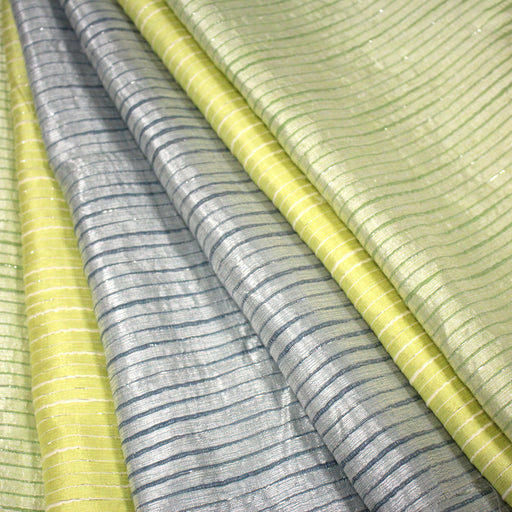 Tissu coton soie tissé rayé, trois couleurs : vert, jaune, gris - MADE IN FRANCE - TissusPapi.com