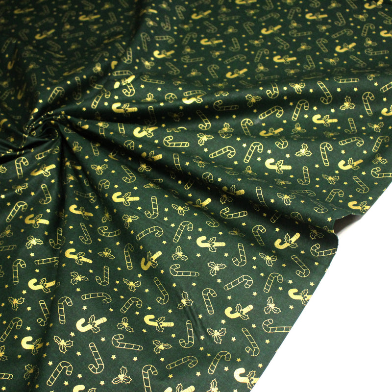 Tissu coton NOËL vert aux sucres d'orge et houx dorés - OEKO - TEX - TissusPapi.com