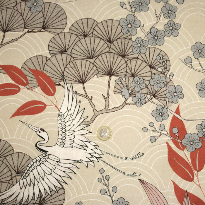 Tissu coton demi-natté GRUES JAPONAISES, trois teintes : écru, rose, ocre - OEKO-TEX STANDARD 100