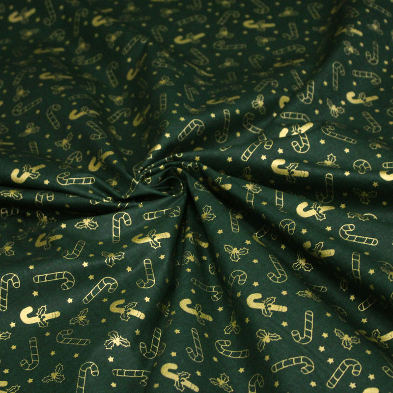 Tissu coton NOËL vert aux sucres d'orge et houx dorés - OEKO - TEX - TissusPapi.com