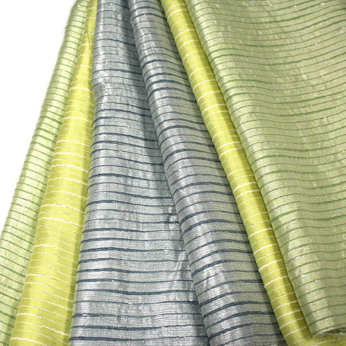 Tissu coton soie tissé rayé, trois couleurs : vert, jaune, gris - MADE IN FRANCE - TissusPapi.com