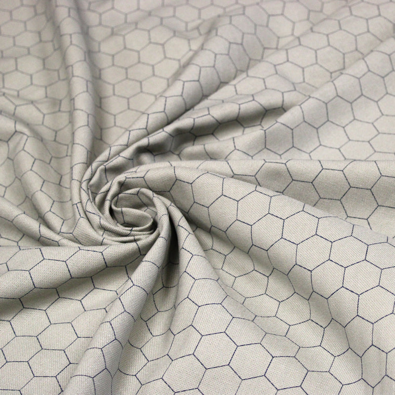 Tissu coton demi natté, motif japonais Kikko bleu & gris - MADE IN JAPAN - FABRICATION JAPONAISE