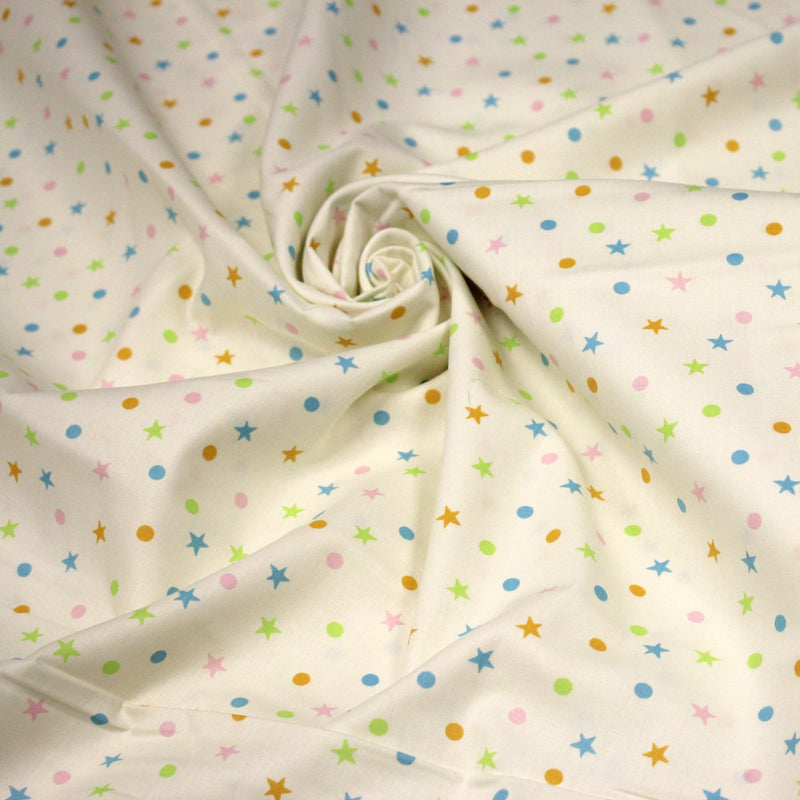 Tissu popeline coton écru aux pois et étoiles multicolores - TissusPapi.com
