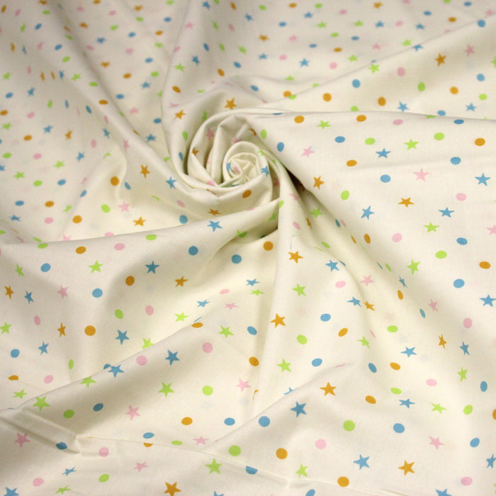 Tissu popeline coton écru aux pois et étoiles multicolores - TissusPapi.com