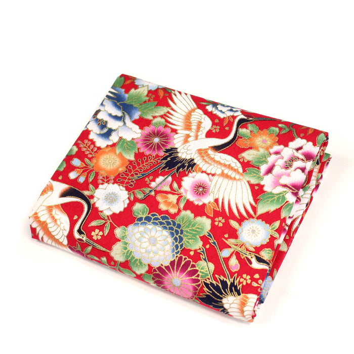 Tissu cotonnade rouge motifs japonais traditionnels : fleurs, chrysanthèmes et hérons - COLLECTION JAPON DORÉ