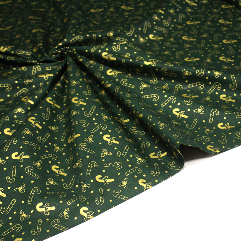Tissu coton NOËL vert aux sucres d'orge et houx dorés - OEKO - TEX - TissusPapi.com