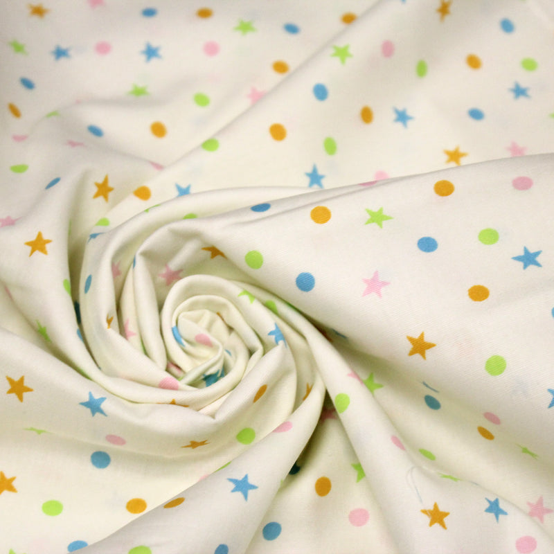Tissu popeline coton écru aux pois et étoiles multicolores - TissusPapi.com