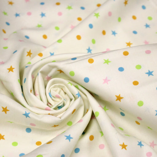 Tissu popeline coton écru aux pois et étoiles multicolores - TissusPapi.com