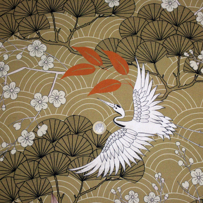Tissu coton demi-natté GRUES JAPONAISES, trois teintes : écru, rose, ocre - OEKO-TEX STANDARD 100