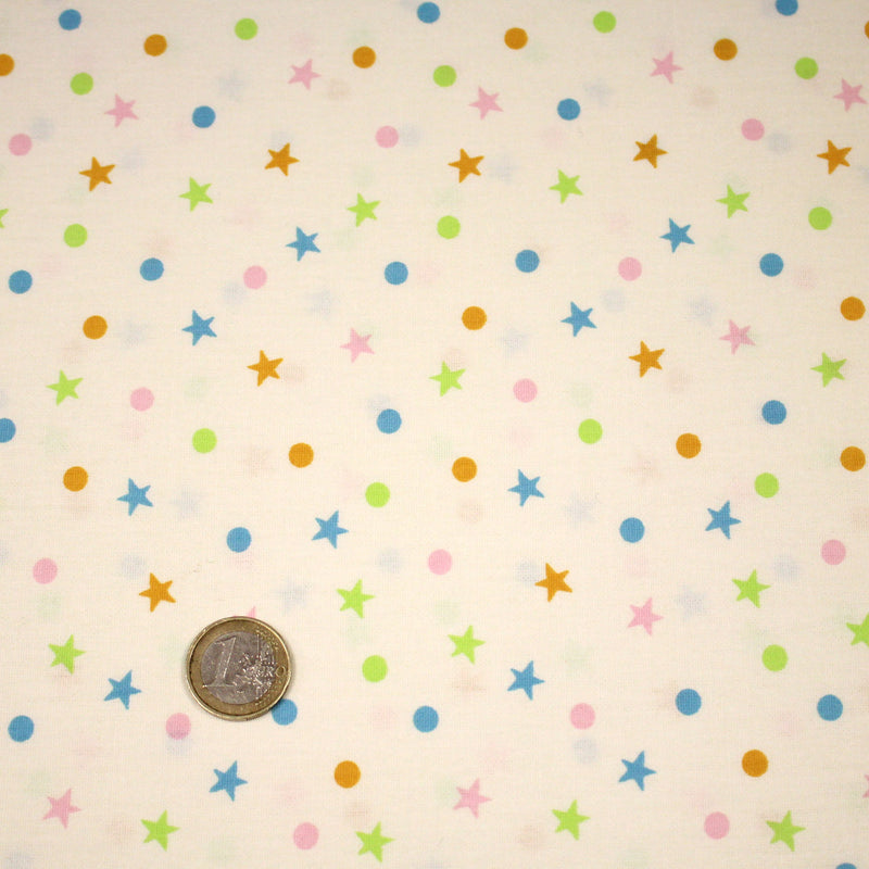 Tissu popeline coton écru aux pois et étoiles multicolores - TissusPapi.com