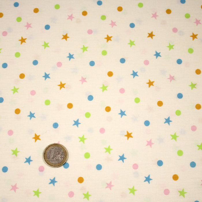 Tissu popeline coton écru aux pois et étoiles multicolores - TissusPapi.com