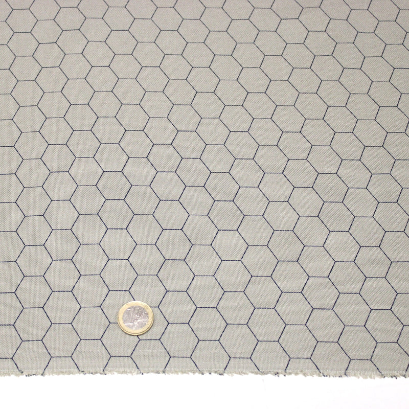 Tissu coton demi natté, motif japonais Kikko bleu & gris - MADE IN JAPAN - FABRICATION JAPONAISE - TissusPapi.com