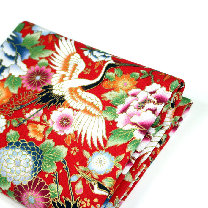 Tissu cotonnade rouge motifs japonais traditionnels : fleurs, chrysanthèmes et hérons - COLLECTION JAPON DORÉ