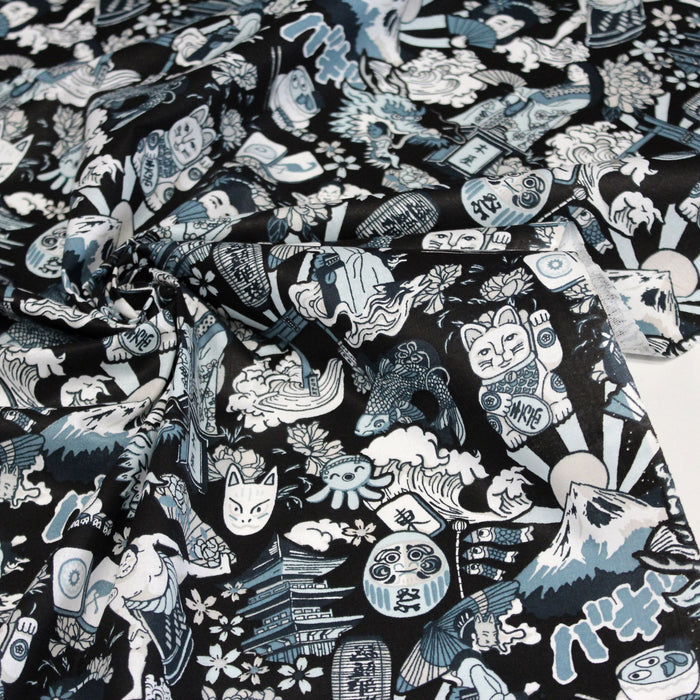 Tissu de coton aux illustrations japonaises, tons bleus - OEKO-TEX