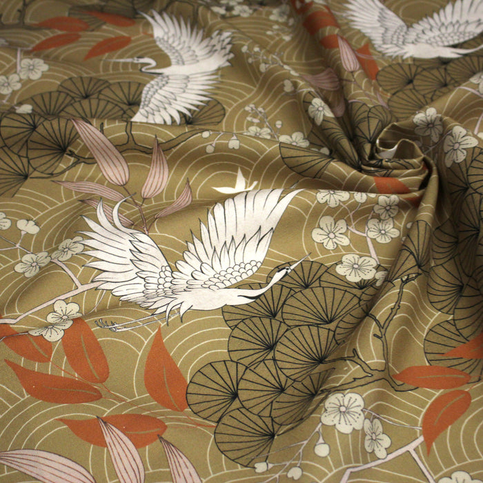 Tissu coton demi-natté GRUES JAPONAISES, trois teintes : écru, rose, ocre - OEKO-TEX STANDARD 100