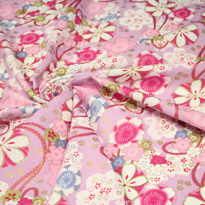 Tissu cotonnade motifs japonais traditionnels fleuris, roses & parme - COLLECTION JAPON DORÉ