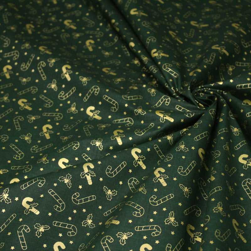 Tissu coton NOËL vert aux sucres d'orge et houx dorés - OEKO - TEX - TissusPapi.com