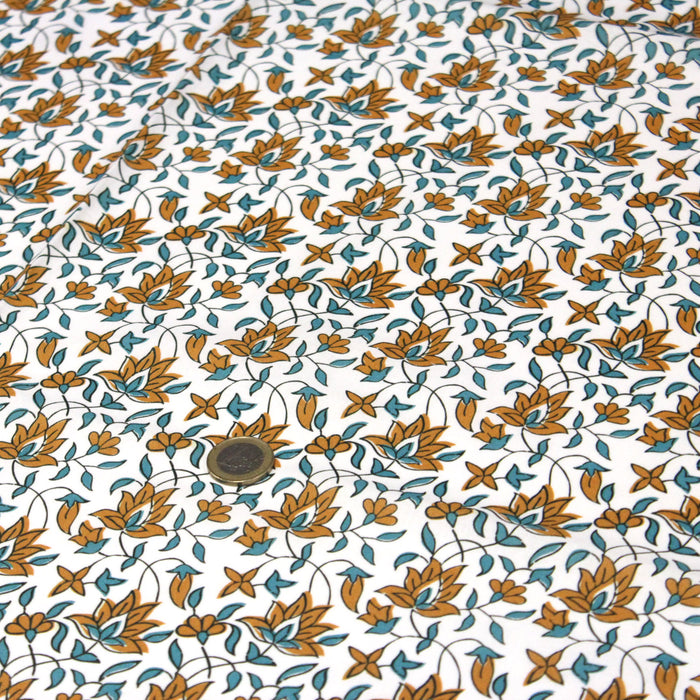 Tissu cotonnade aux fleurs jaunes et feuilles bleues - COLLECTION KALAMKARI