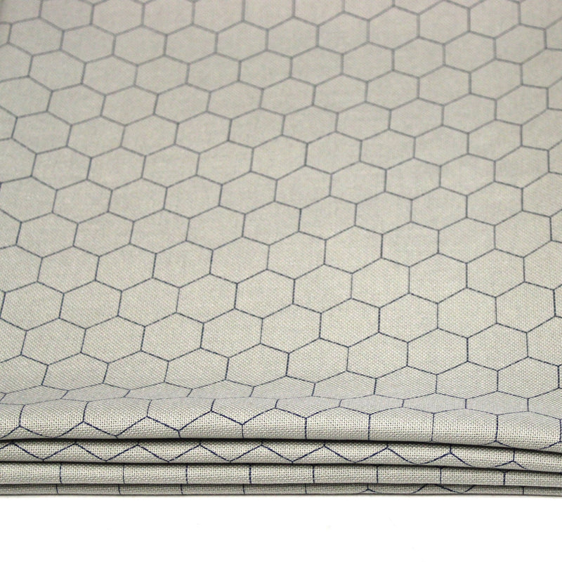Tissu coton demi natté, motif japonais Kikko bleu & gris - MADE IN JAPAN - FABRICATION JAPONAISE - TissusPapi.com