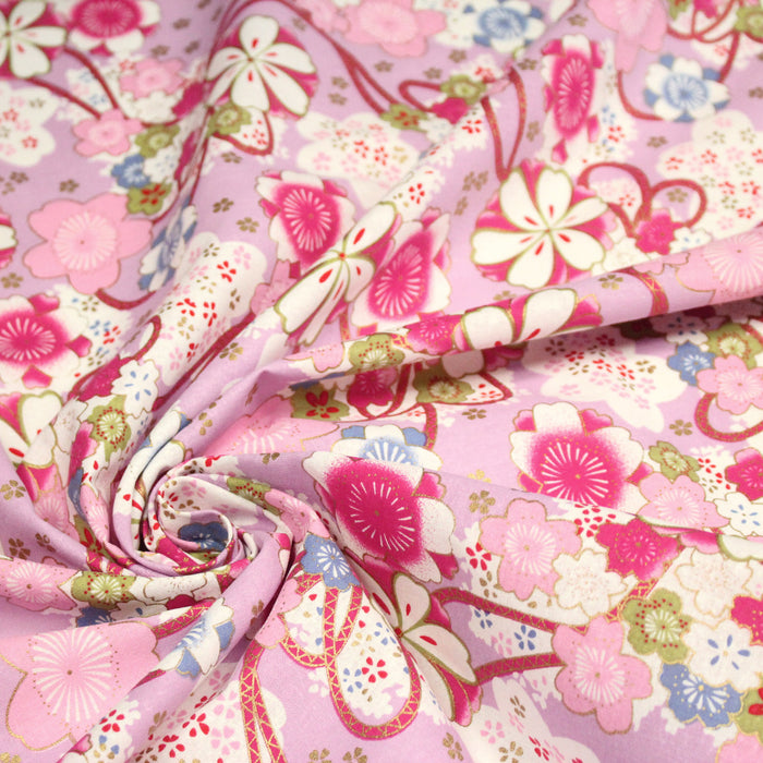 Tissu cotonnade motifs japonais traditionnels fleuris, roses & parme - COLLECTION JAPON DORÉ
