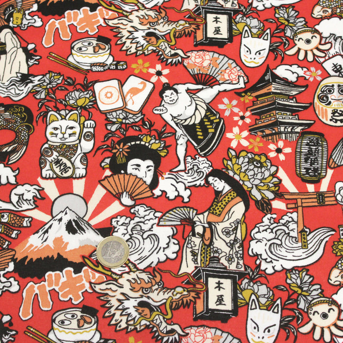 Tissu de coton aux illustrations japonaises, tons rouges et noirs - OEKO-TEX