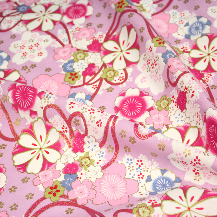 Tissu cotonnade motifs japonais traditionnels fleuris, roses & parme - COLLECTION JAPON DORÉ