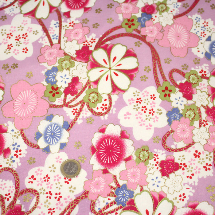 Tissu cotonnade motifs japonais traditionnels fleuris, roses & parme - COLLECTION JAPON DORÉ