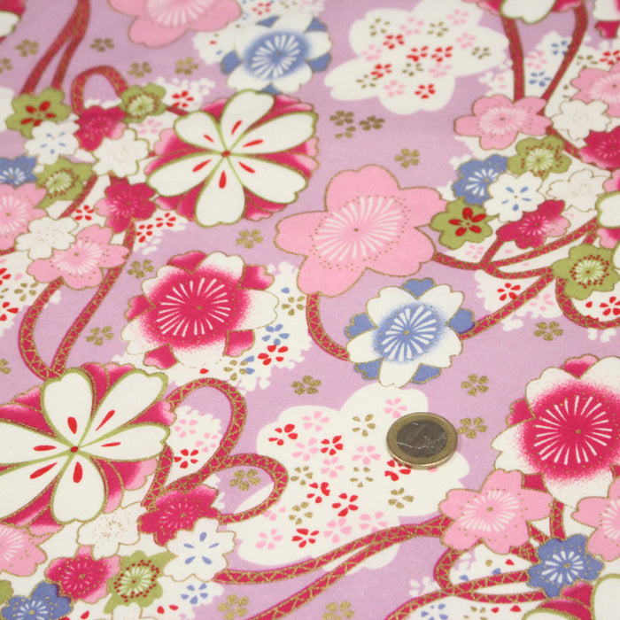 Tissu cotonnade motifs japonais traditionnels fleuris, roses & parme - COLLECTION JAPON DORÉ