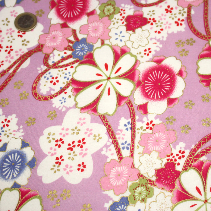 Tissu cotonnade motifs japonais traditionnels fleuris, roses & parme - COLLECTION JAPON DORÉ