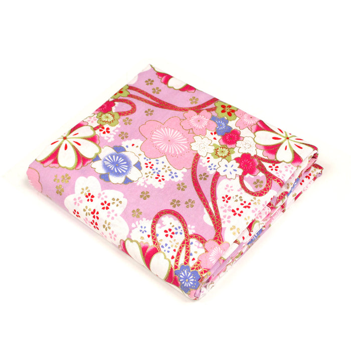 Tissu cotonnade motifs japonais traditionnels fleuris, roses & parme - COLLECTION JAPON DORÉ