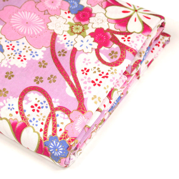 Tissu cotonnade motifs japonais traditionnels fleuris, roses & parme - COLLECTION JAPON DORÉ